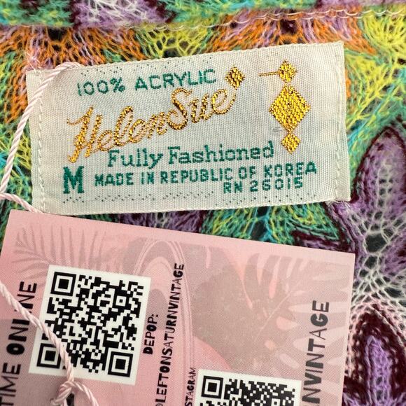 Vintage 1970s Deadstock Helen Sue Neon Chevron Crochet Top M Ruffle Psychedellic - Picture 5 of 5